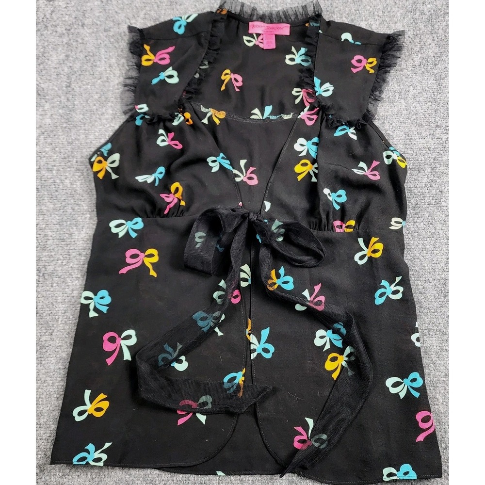 Betsey‎ Johnson Top M Y2K Mesh Ruffle Trim Bow Tie Front Semi Sheer Cute Retro